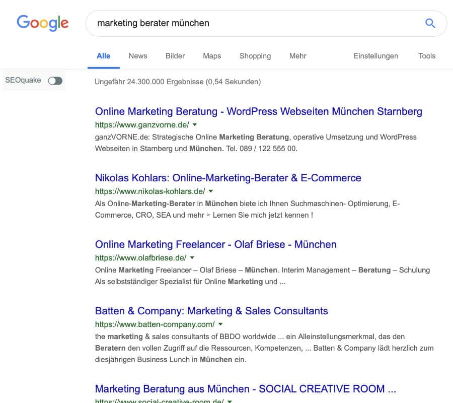 Bildschirmfoto Google-Suche nach "marketing berater münchen" - Online Marketing Beratung und Webseiten München und Starnberg - Marketing Agentur